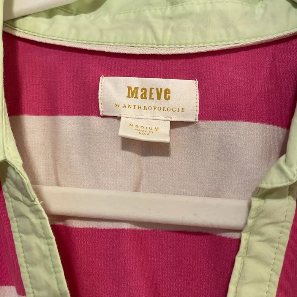 EUC Maeve Anthro puff sleeve pink stripe polo preppy 80s vibe size medium - Picture 3 of 8